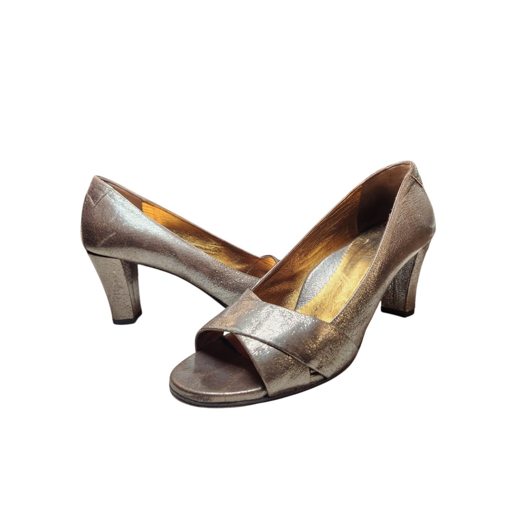 Taryn Rose Metallic Silver Pewter Leather Glam Peep Toe Heels Luxury Party 38 8